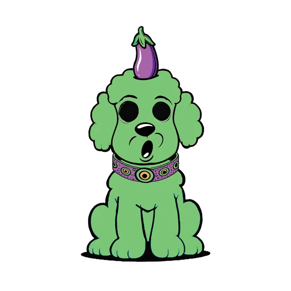 Green poodle with an eggplant horn, black eyes, and a purple patterned collar