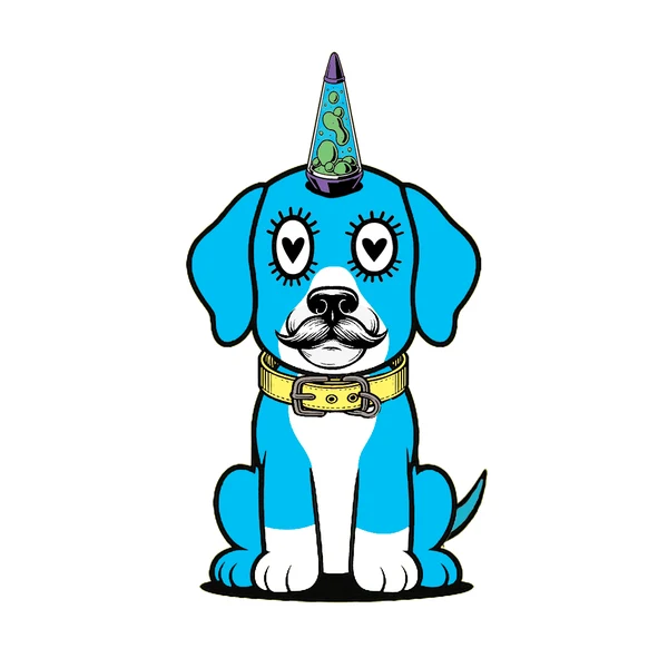 Blue and white dog with heart eyes, a mustache, a lava lamp horn, and a yellow collar