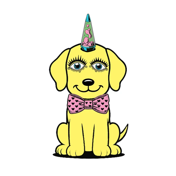 Yellow dog with a lava lamp horn and pink bow tie