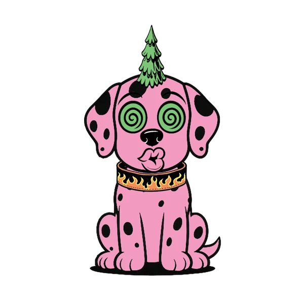 Pink spotted dog with spiral eyes and a green horn
