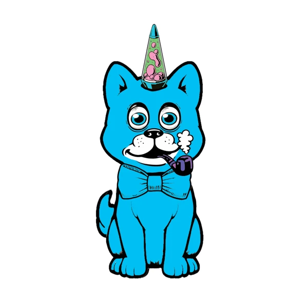 Blue dog with pointed ears, a lava lamp horn, and blue bow tie