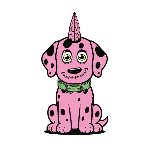 Pink spotted dog with a pink horn and green collar