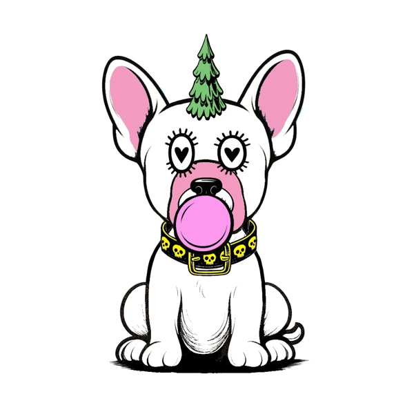White dog with pointed ears, a green horn, and bubblegum