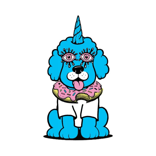 Blue poodle with a blue horn and donut collar