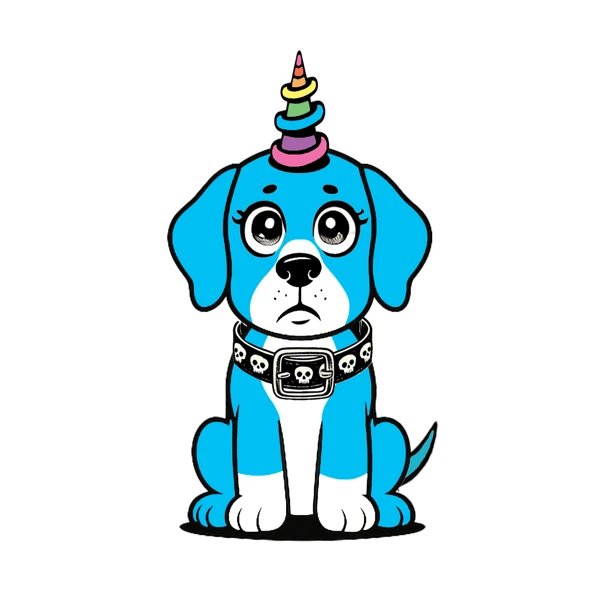 Blue dog with a rainbow horn and skull collar