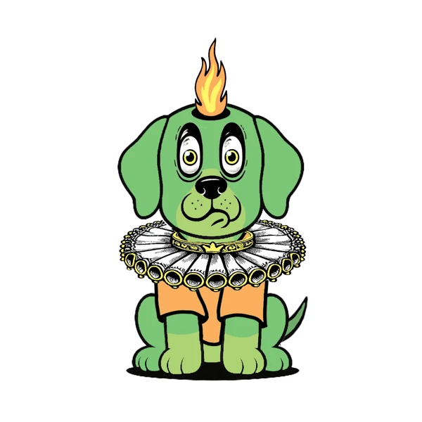 Green dog with a flame horn and a ruff