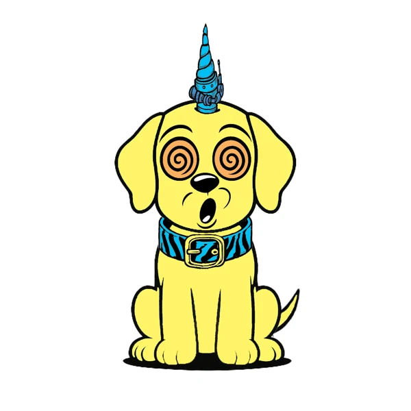 Yellow dog with spiral eyes and a blue horn