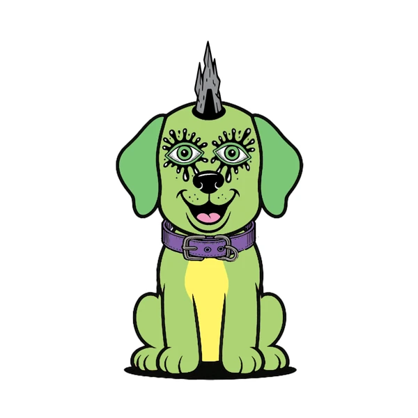 Green dog with a dark horn and purple bow tie