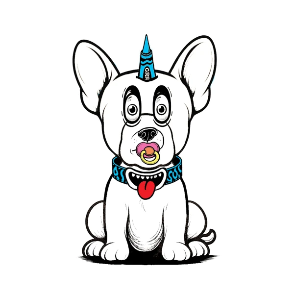 White dog with pointed ears, a blue horn, and pacifier