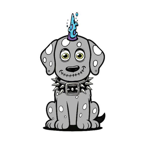 Gray spotted dog with a blue horn and spiked collar