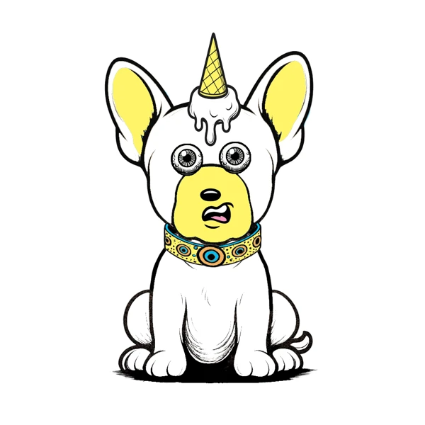 White dog with yellow ears and a yellow horn