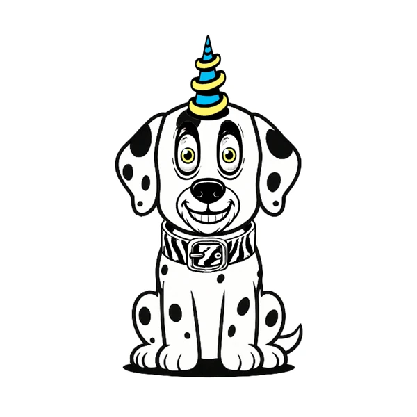 Spotted dog with rainbow horn and patterned collar