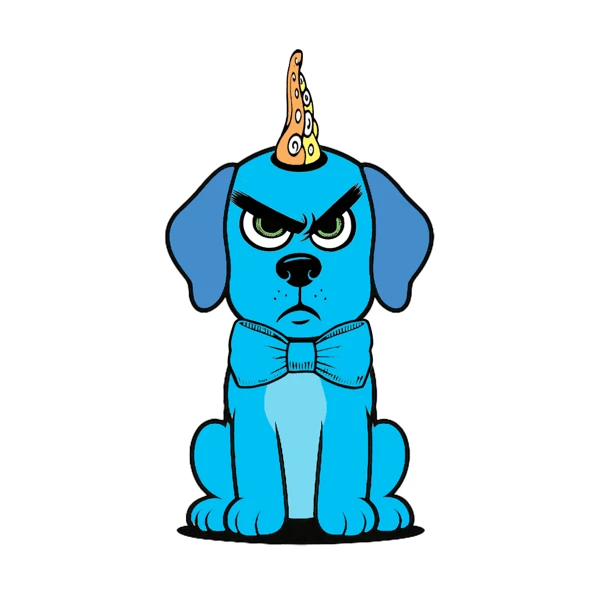 Blue dog with orange horn and blue bow tie