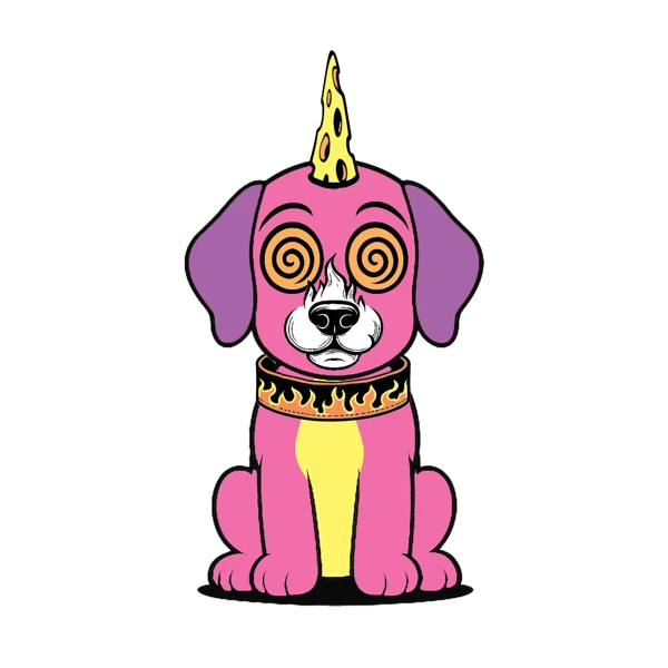 Pink and purple dog with spiral eyes and a yellow horn