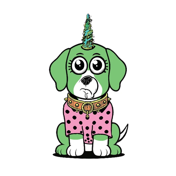 Green dog with a leafy horn and pink polka-dot shirt
