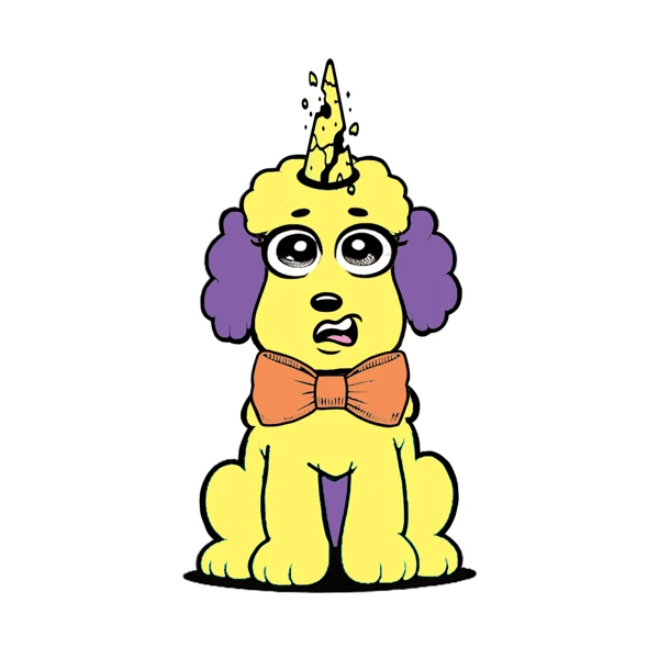 Yellow and purple poodle with an orange bow tie