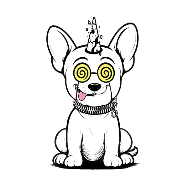 White dog with pointed ears, spiral glasses, and a shattered horn