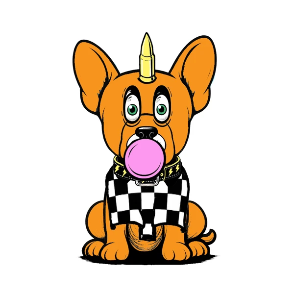 Orange dog with a gold bullet horn, bubblegum, and a checkered shirt