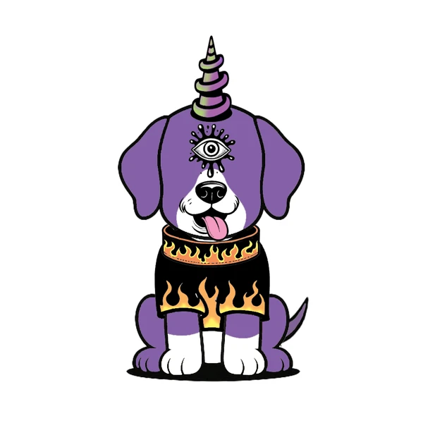 Purple one-eyed dog with a spiral horn and flame shirt