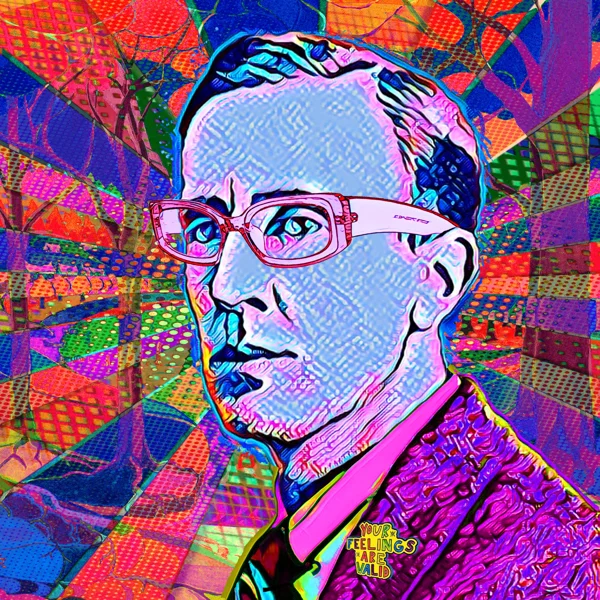 Tolkien 11: Pink glasses with a blue face and magenta jacket