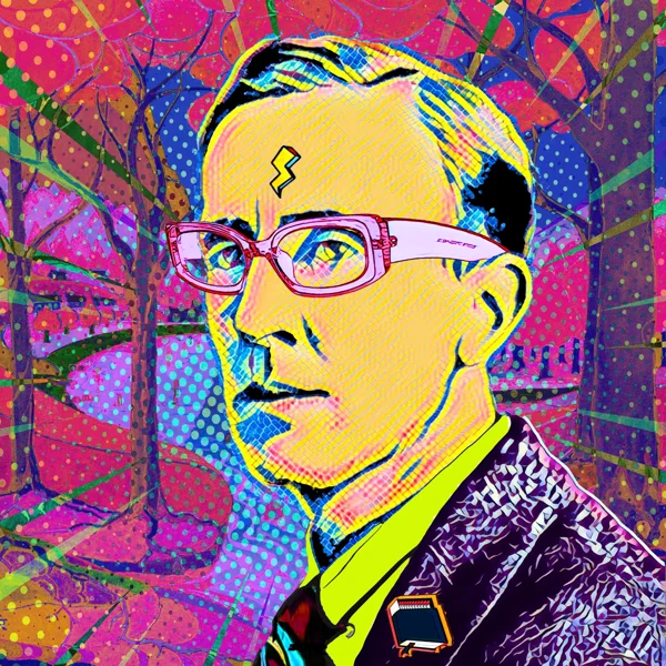 Tolkien 15: Pink glasses, a yellow face, and a lightning-shaped forehead mark