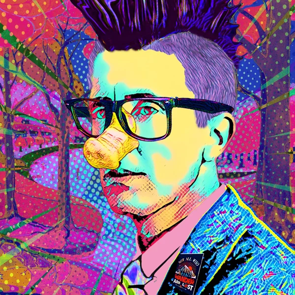 Tolkien 16: Black glasses, tall purple hair, and a bubblegum bubble