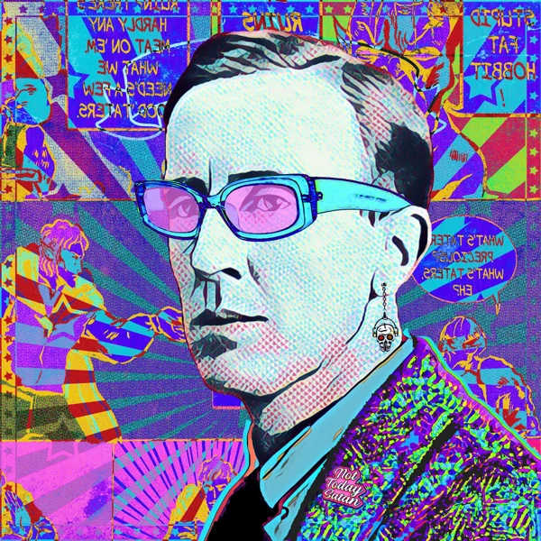 Tolkien 21: Blue glasses with pink lenses and a patterned jacket