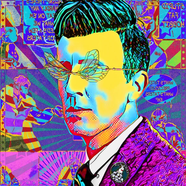 Tolkien 26: Wire butterfly-shaped glasses and a magenta jacket
