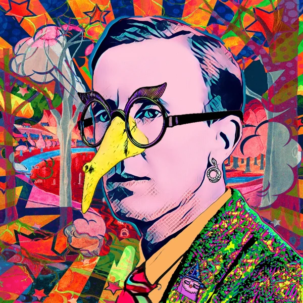 Tolkien 27: Round glasses, a long yellow beak-like nose, and a pink face