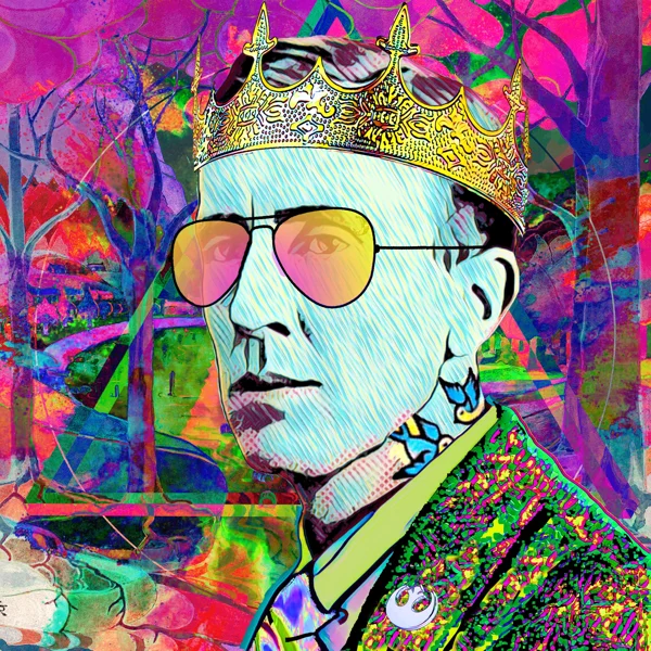 Tolkien 32: Gold crown, warm mirrored aviators, and turquoise face