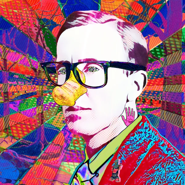 Tolkien 33: Black glasses and a bubblegum bubble with a red jacket