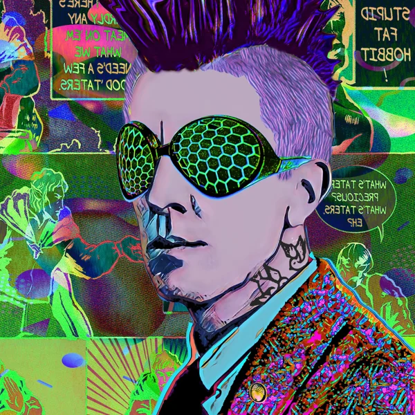 Tolkien 37: Green honeycomb-patterned glasses and tall purple hair