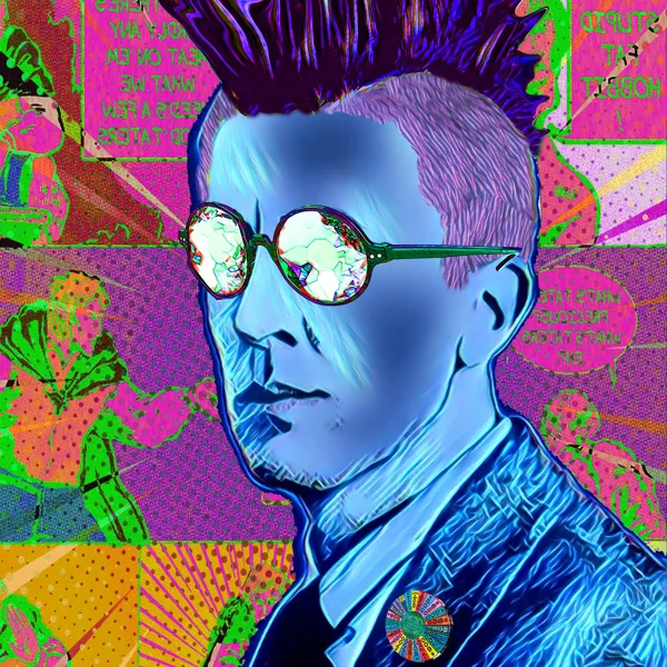 Tolkien 41: Reflective round glasses, a blue face, and tall purple hair