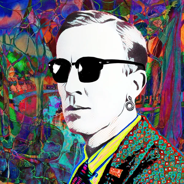 Tolkien 71: Black sunglasses on a pale face with a patterned jacket