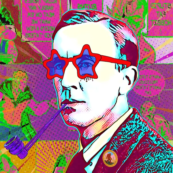 Tolkien 89: Red star-shaped glasses and a pipe
