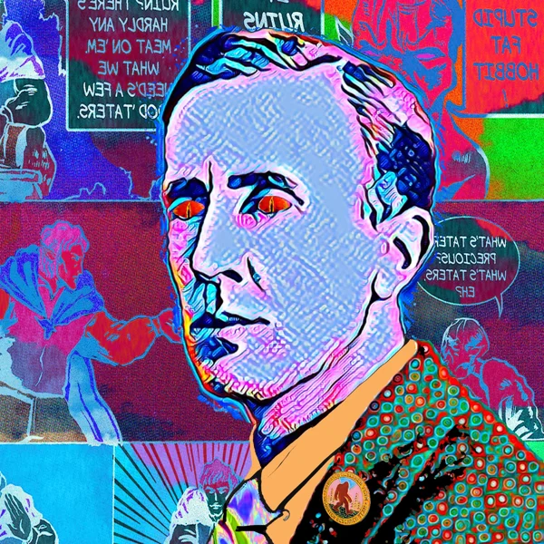Tolkien 95: Red eyes with a blue textured face and a pipe