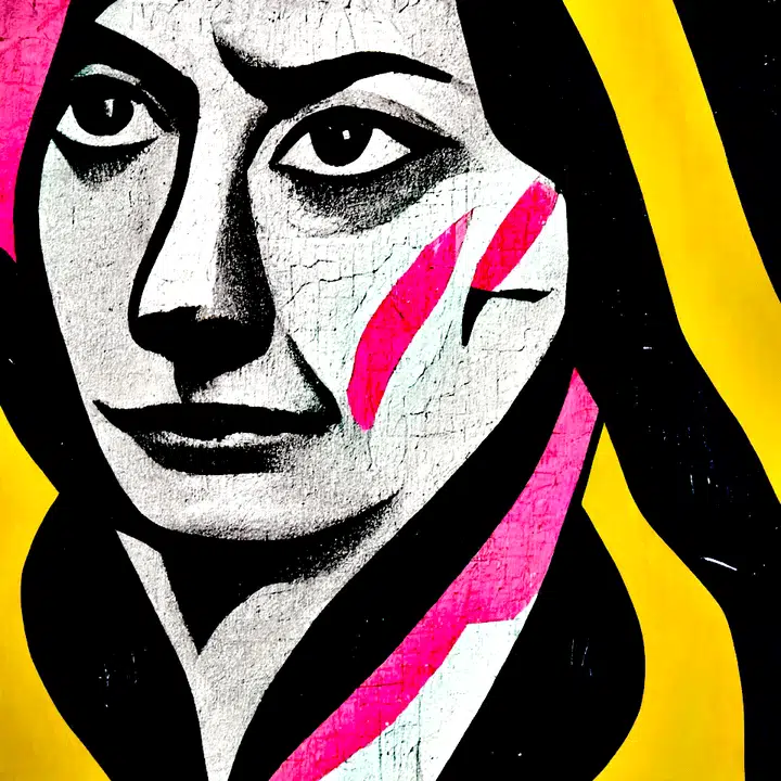 Long-haired face with a pink diagonal cheek stripe