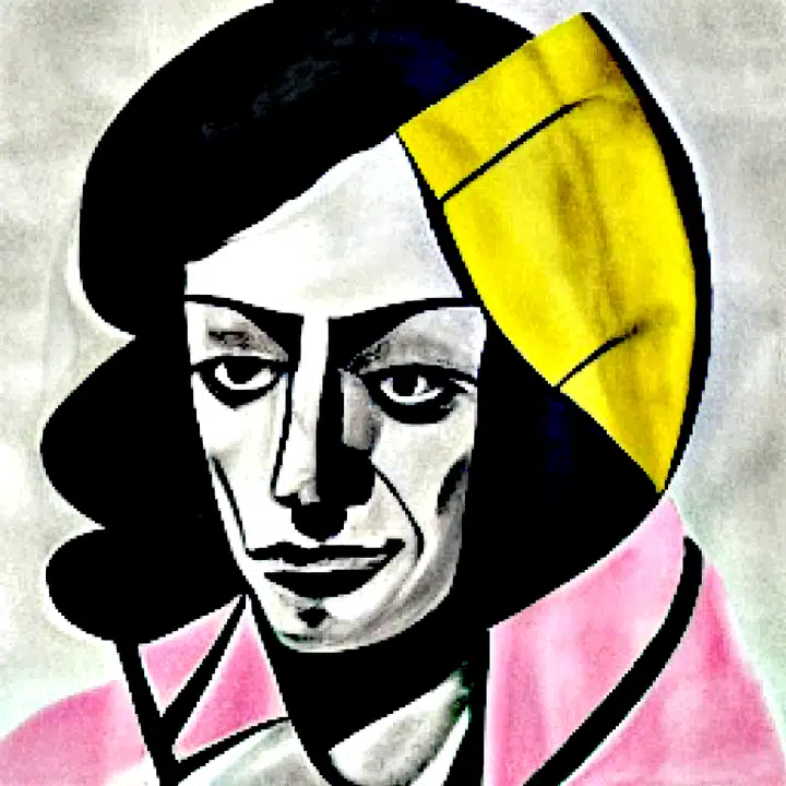 Angular face with a yellow band and pink collar